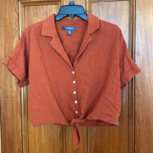 Rust tie-front button-up crop - Picture 3 of 6
